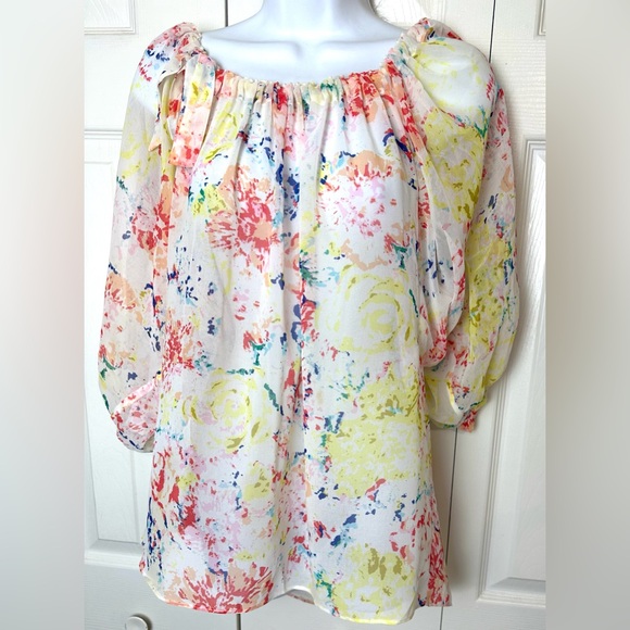 CAbi #826 Watercolor In Case Blouse Semi Sheer Shirt Floral Abstract Top Flowy - Picture 13 of 13